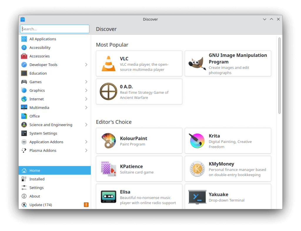 una schermata kubuntu con una lista di applicazioni