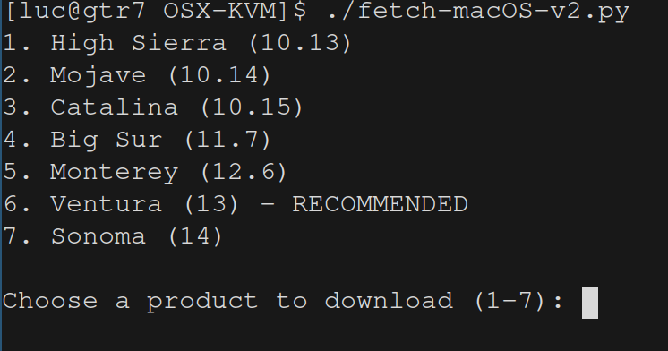 uno screenshot del terminale linux dopo l'esecuzione del comando per scricare l'installer di macOS