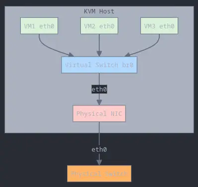 Questo esempio mostra un virtual switch (br0) che connette tre macchine virtuali alla rete fisica attraverso una singola interfaccia di rete fisica. Il bridge virtuale gestisce il traffico tra le VM e coordina la comunicazione con la rete esterna attraverso la NIC fisica.